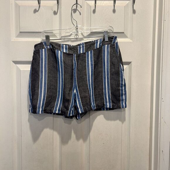 A New Day Women’s Grey White Blue‎ Striped  Casual Linen Blend Pockets Shorts L - Picture 1 of 6